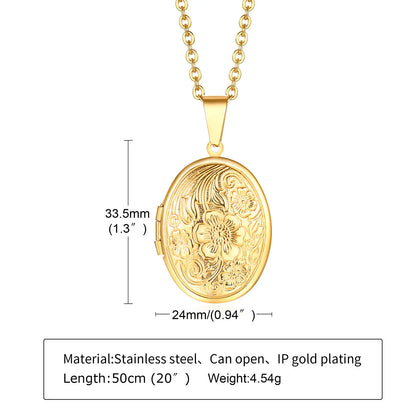 Delicate Floral Oval Heart Locket Pendant Necklaces for Women,Stainless Steel Photo Frame Promise Love Keepsake Gift