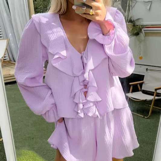 Spring Fashion New Lady V Neck Lace up Hollow Out Female Casual Ruffles loungewear custom blouse shirt and Shorts Sets for women