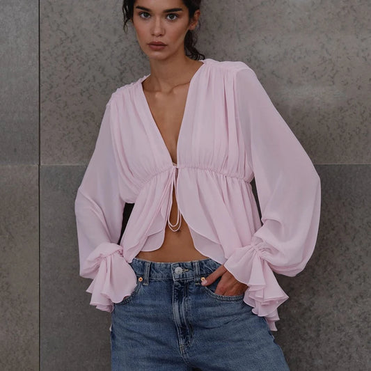 Lace-Up Ruffle Trendy 2025 Elegant Ladies Casual Fashionable Clothing Pink Summer Blouse Femme Women Tops And Blouses