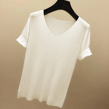 Knitted short sleeve Women V-Neck T Shirts 2025 Blue Slim Black thin knit Orange Tops Ladies Summer Camiseta Summer T shirts
