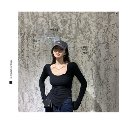 Long Sleeve T-shirts Women Fungus Line Irregular Hem Knitted Slender Autumn Bottoming Tees Chic Fashion Sexy Solid Ulzzang New