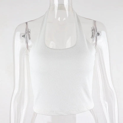White Halter Sexy Backless Tank Tops for Women Streetwear 2024 Sleeveless Ribbed Knit Vest Top Cropped Feminino