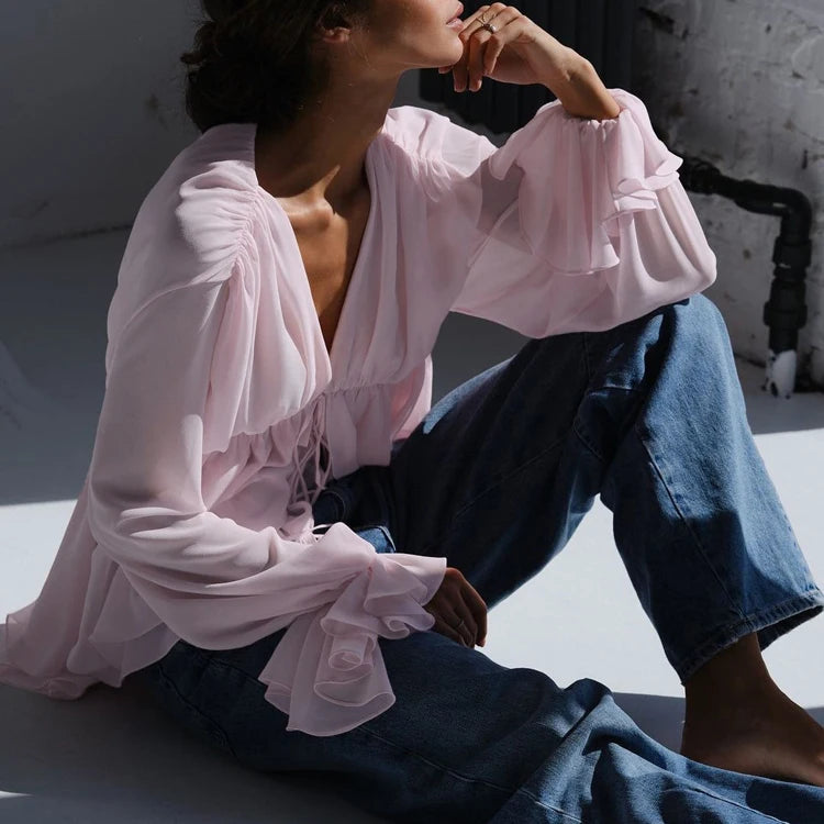 Lace-Up Ruffle Trendy 2025 Elegant Ladies Casual Fashionable Clothing Pink Summer Blouse Femme Women Tops And Blouses