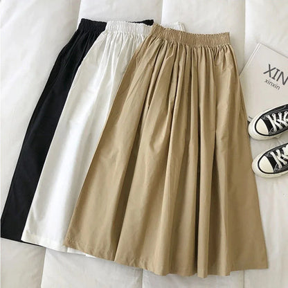 Women White Long Skirt Fashion Pockets Pleated Knee Length Skirts Autumn 2024 New Casual Elegant High Waist A Line Femme Skirts
