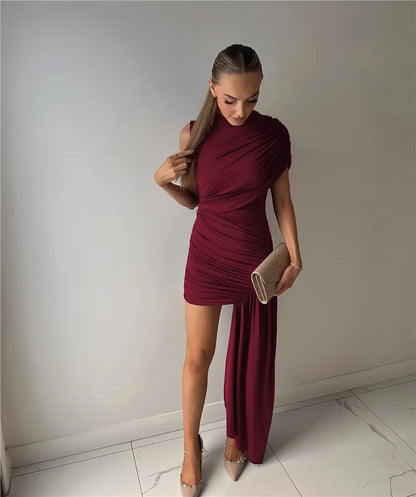 Balitops Summer Draped Ruched Sexy Mini Dress Women 2025 New Irregular High Waist Slim Fit Dress Female Elegant Club Tank Dress