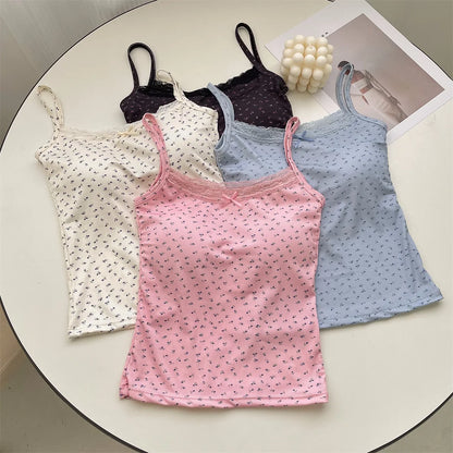 Summer Print Crop Tops for Women Bow Lace Camisole Sexy Backless Vest with Padded Basic Tank Top Bm Style Camis Y2k Streetwear