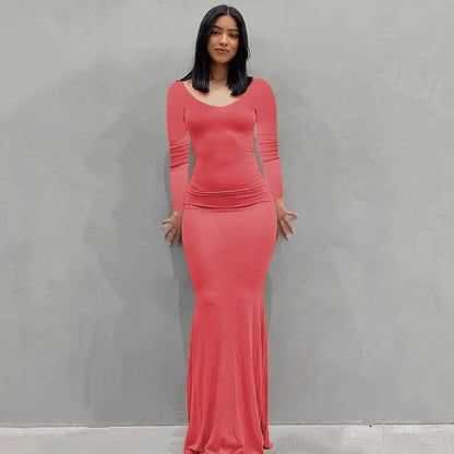 2025 Autumn Long Sleeve Dresses For Women Sexy V Neck Bodycon Solid Elegant Long Dress Y2k Skinny Trumpet Maxi Vestidos