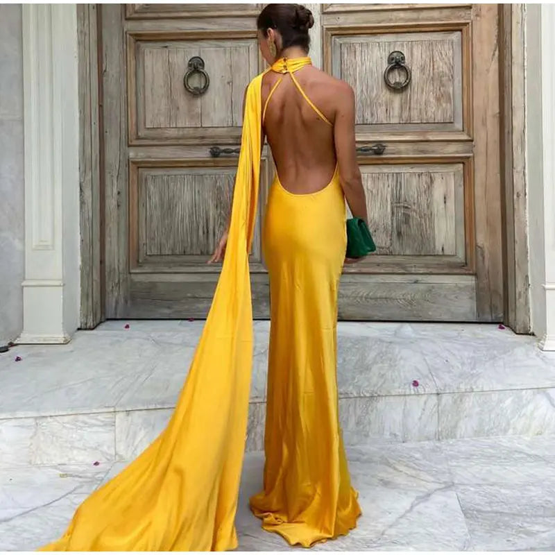 Elegant Solid Ribbon Women Halter Dress Off Shoulder Sleeveless Backless Slim Female Maxi Dresses 2025 Summer New Chic Lady Robe