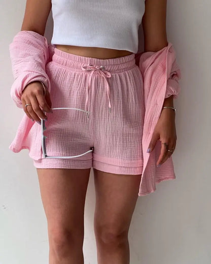Solid Color Casual Loose Short Pants Sets For Women 2025 Elegant Summer Women's Two Pieces Suit Full Set Female Outfit Clothes