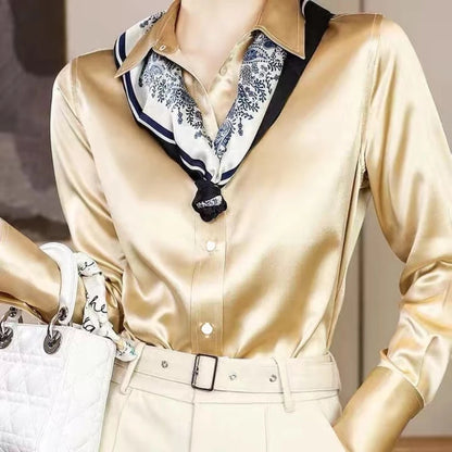 Solid Color Elegant Office Lady's Satin Shirt All-Match Trendy Women Shirts And Blouses Basic Chic Top Autumn French Chic Shirt
