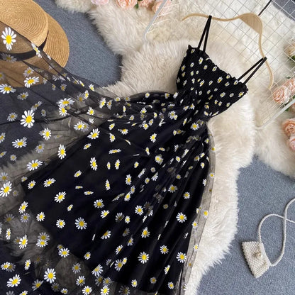 YuooMuoo Women Dress 2025 New Korean Fashion Floral Print Spaghetti Straps Mesh Party Dress Vacation Style Lady Beach Vestidos