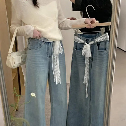 Unique Y2k Long Lace Waistband Bow Thin Lace Waist Belt Floral Tie Up Dress Jeans Belt Streetwear
