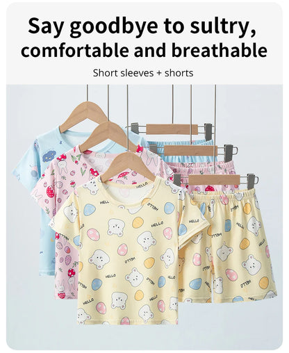 2-piece Summer Children's Comfortable And Versatile Cute Short sleeved Shorts Set For Boys And Girls Casual Home And Outdoor Set
