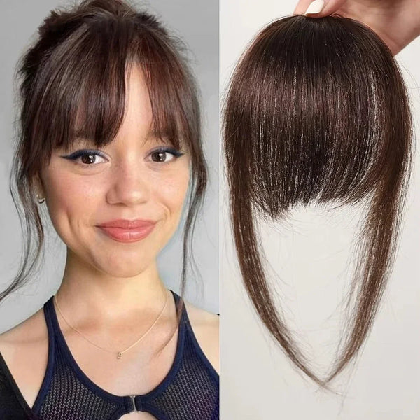 100% Human Hair Bangs Natural Brown Wispy Bang Hair Clip in Bangs Fringe with Temples Hairpiece for Women Clip on Air Bang 4.5in