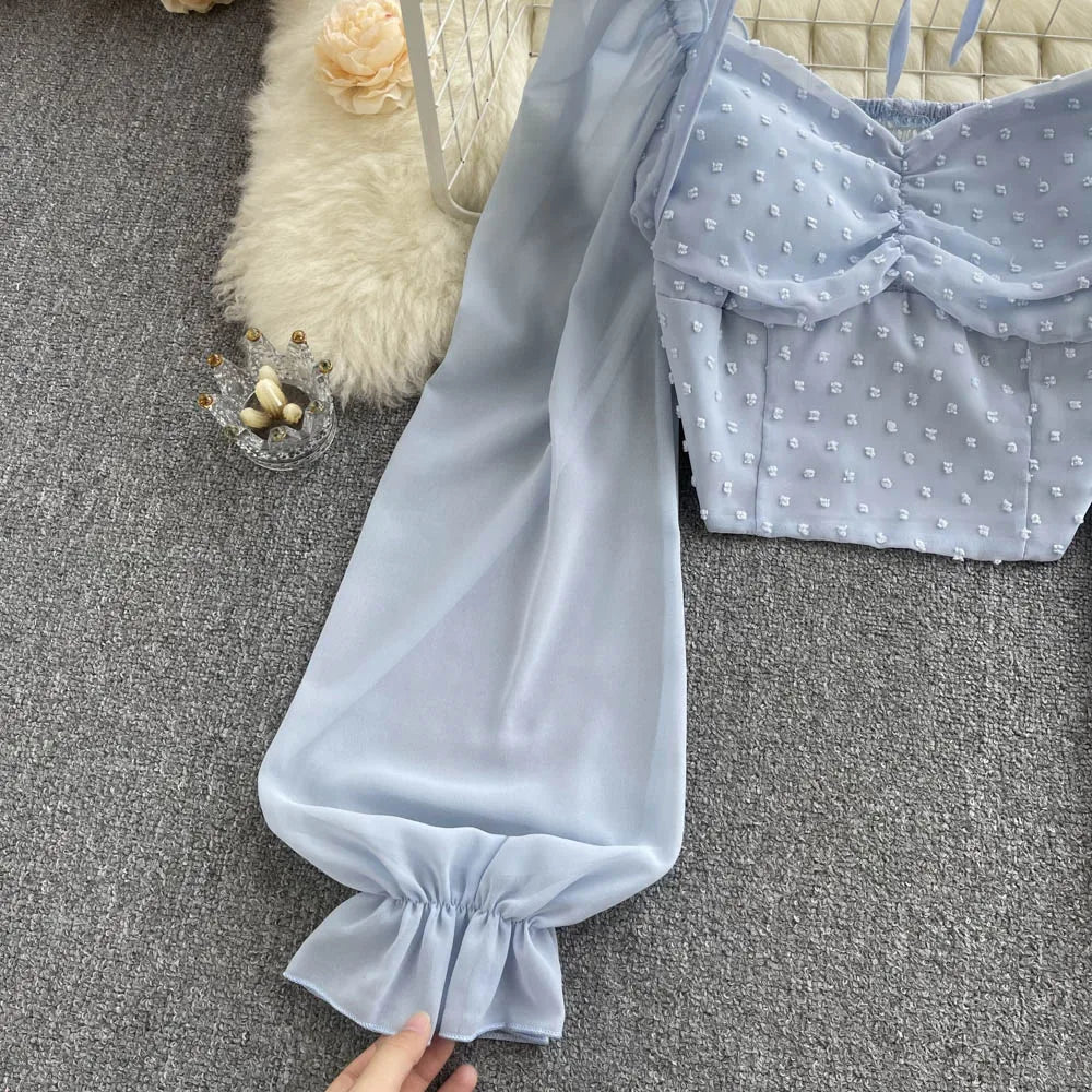SINGREINY Polka Dot Folds Short Blouse Summer Slash Neck Long Sleeve Women Tie Halter Elastic Waist Fashion French Beach Top