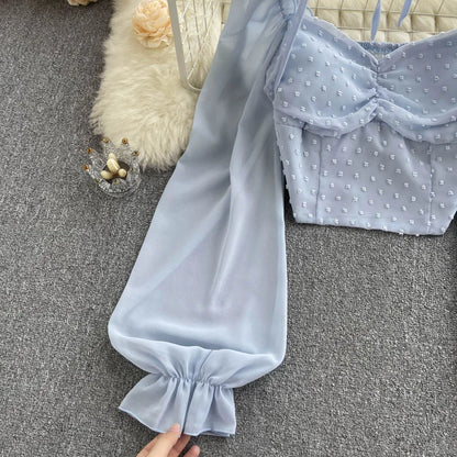 SINGREINY Polka Dot Folds Short Blouse Summer Slash Neck Long Sleeve Women Tie Halter Elastic Waist Fashion French Beach Top