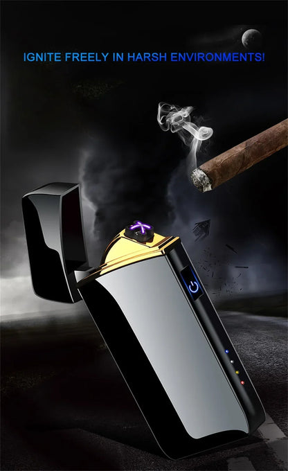 2024 New Windproof Electric Metal Lighter Double Arc Flameless Plasma Lighter USB Rechargeable LED Power Display Touch Sensor