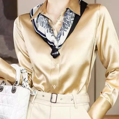 Solid Color Elegant Office Lady's Satin Shirt All-Match Trendy Women Shirts And Blouses Basic Chic Top Autumn French Chic Shirt