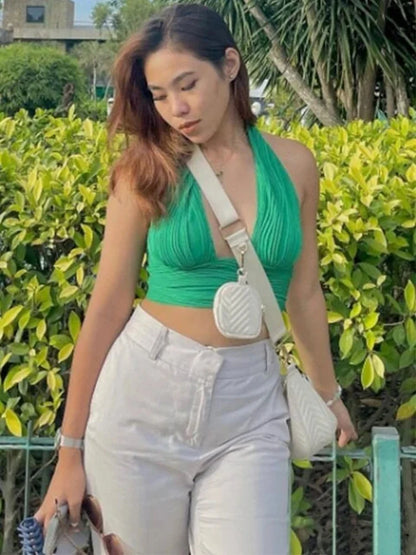 Solid White Backless Crop Halter Top Women Summer Y2K Club Grunge Clothes Deep V-neck Backless Sleeveless Tank Top Streetwear