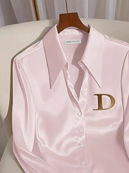 Elegant French Women's Pink/White Satin Shirt Turn-down Collar Long Sleeve Blouse Spring Autumn for Women Casual Office Lady New