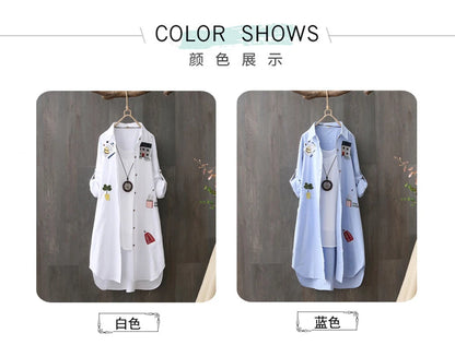 Women Cotton Embroidery Loose Long White Shirts 2025 Spring Autumn New Casual Office Lady Blouse Female Top Loose shirt