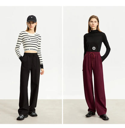 AMII Minimalism Casual Pants for Women 2025 Spring Wide Leg New Loose Vertical Elastic Waist Drawstring Sporty Trousers 12343338