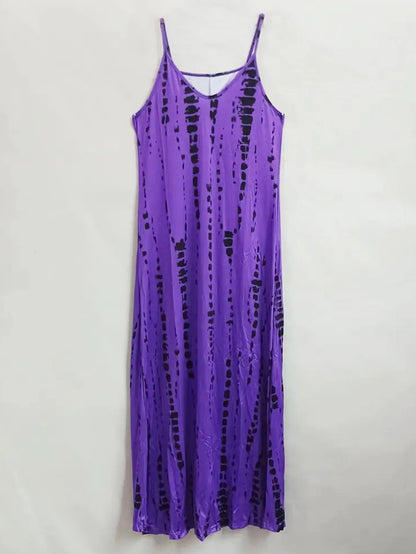 Women's Casual Loose V-neck Tie Dye Printed Spaghetti Maxi Dress Summer Beach Vacation Long Dress