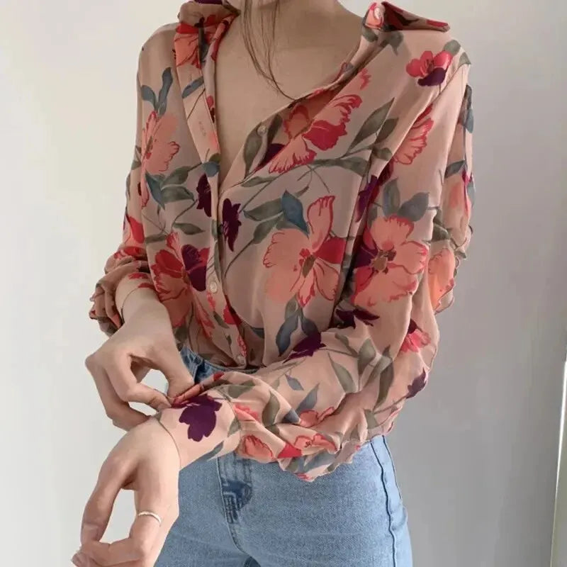 1pc Spring Fall Casual Chiffon Floral Print Sleeve Lapel Button-up Vintage Elegant Transparent Thin Slim Fit Blouses