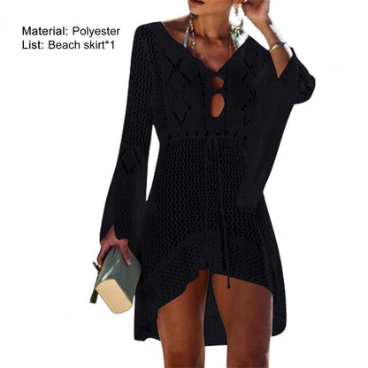 Sexy Women’s Bathing Suit Beach Cover Up Hollow Out Knitted Women Flared Sleeves Solid Color Beach Dress saida de praia