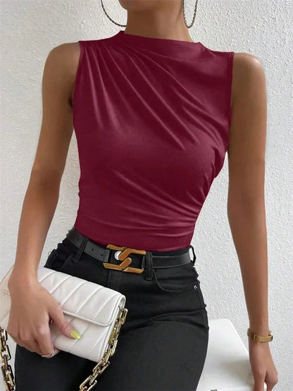 Women's Casual Mock Neck Ruched Tank Top Summer 2024 Solid Color Slim Fit Pleated Sleeveless T Shirt Tee Tshirt Streetwear