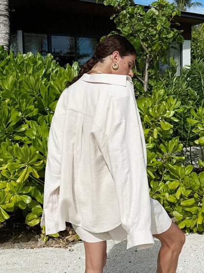 Wolfeel Women's Casual Shorts Sets 100% Cotton Solid Color Cozy Lapel Long Sleeve Shirt Summer New Elastic Waist Shorts Suits