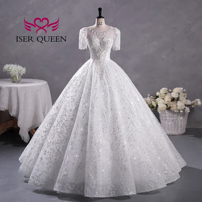 Customized Short Sleeves Sequin Tulle Wedding Dress For Woman 2025 Europe Fashion Wedding Party Dress Lace Appliques WX0397
