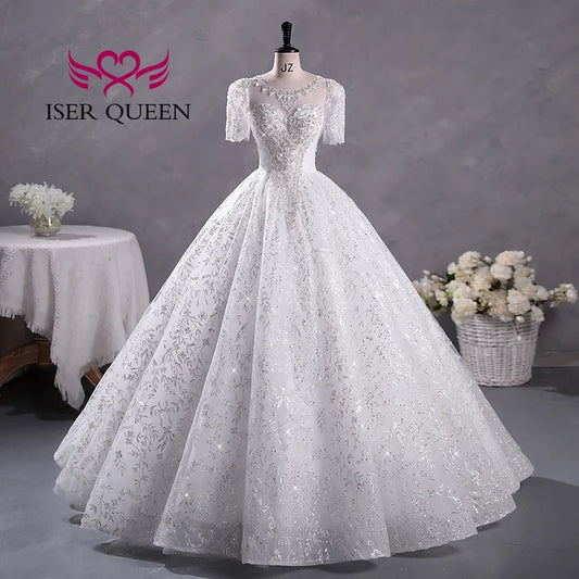 Customized Short Sleeves Sequin Tulle Wedding Dress For Woman 2025 Europe Fashion Wedding Party Dress Lace Appliques WX0397