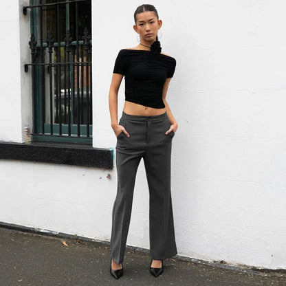 Summer New T-shirt Women Sexy Short Sleeve Fashion Tees Slash Neck Folds Crop Top Casual Streetwear Bodycon Solid Basic T-shirts