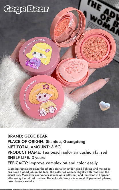 Cushion Blush Blendable Shade with Powder Puff Whitening without Sticking Long Lasting Gege Bear Makeup Blusher