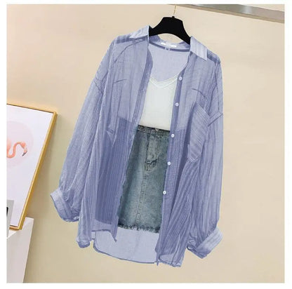 Summer sunscreen chiffon blouse Korean Harajuku style loose casual women's cardigan elegantly perforated top sheer fashionable