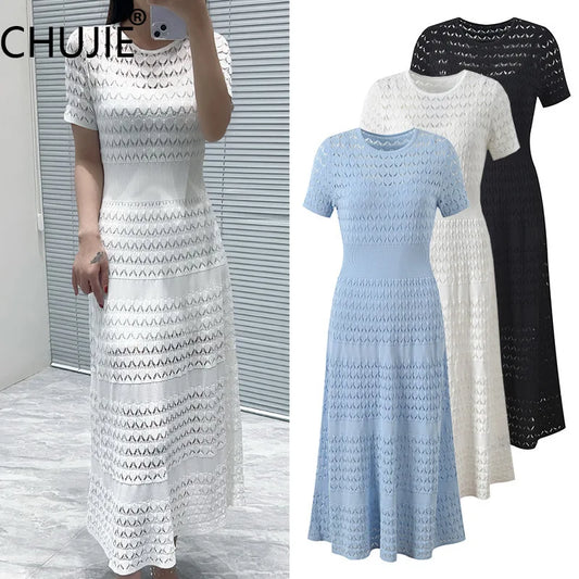 CHUJIE Women's 2025 Summer Lace Trim Dress Set - Round Neck Short Sleeve Midi Dress + Slip Dress 2 Piece Set (Rayon Nylon Blend)