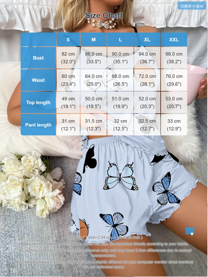 Butterfly Print Pajama Set Lettuce Trim Cami Top  Elastic Waistband Shorts Women  Sleepwear Loungewear