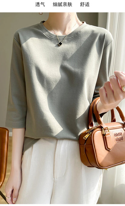 Spring And Summer New White Mercerized Cotton Short Sleeve T-Shirt Feminine Joker Cotton Cropped Sleeve Bottoming Shirt