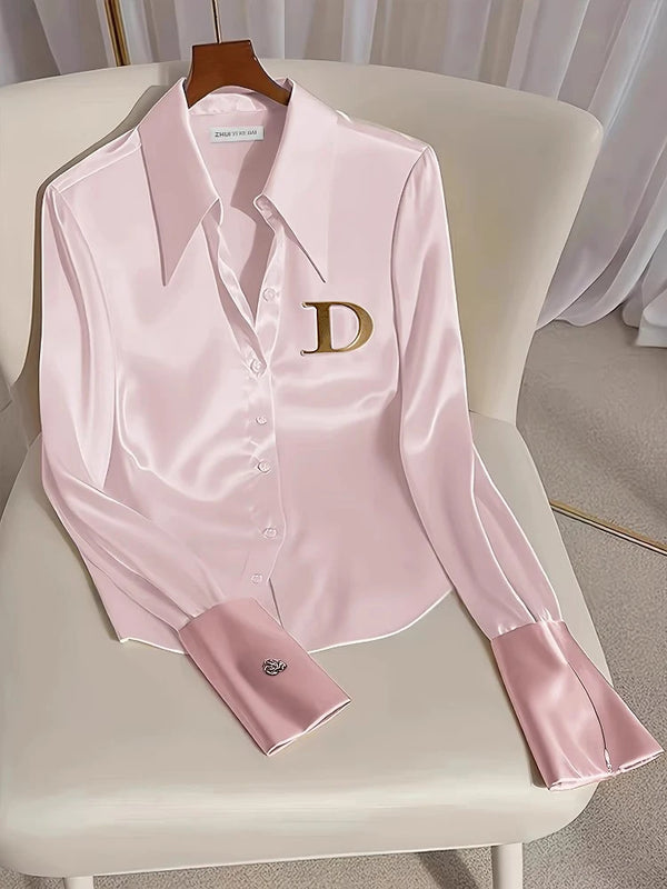Elegant French Women's Pink/White Satin Shirt Turn-down Collar Long Sleeve Blouse Spring Autumn for Women Casual Office Lady New
