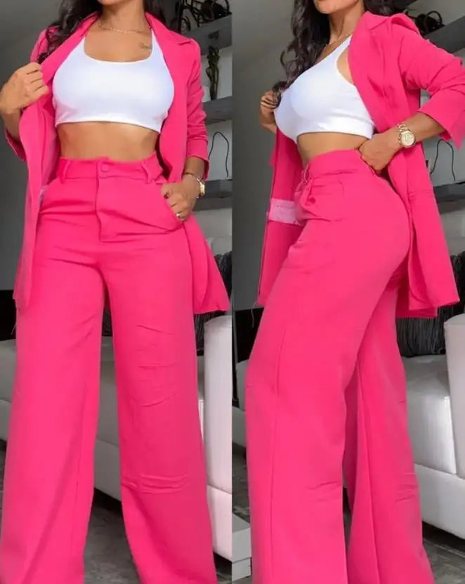 Women's Urban Suits 2025 Spring/Summer Latest Elegant Notched Collar Blazer Long sleeved Coat&Pocket Design Button Pants Set