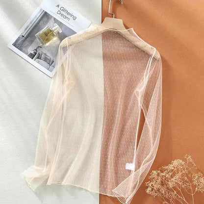 Sexy Women Mesh T-Shirts See-Through Perspective Tshirt  Sunscreen Tops Long Sleeve Bottoming Shirts Club Party Black Tee Shirts