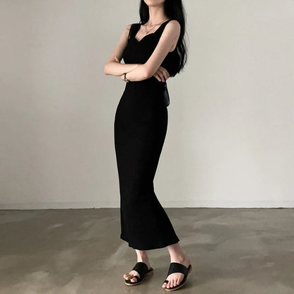 CIBBAR Basic Knit Long Dress Korean Fashion Square Collar Sleeveless Women's Dresses Summer Casual Y2k Vintage All-match Outfits