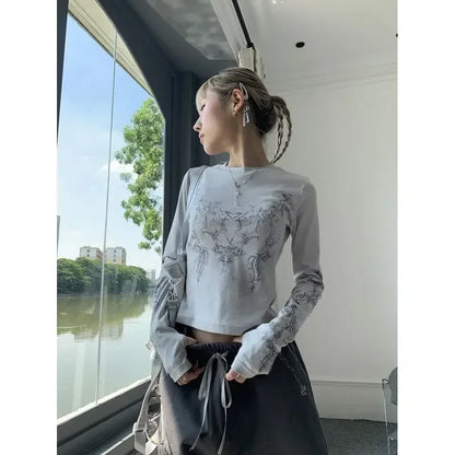 Vintage Women Clothes Y2K T-shirts 2023 Blusas O-neck Long Sleeve Print Tunic Woman Clothing Fashion Casual Crop Tops Shirts