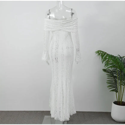 Elegant Cut Out Flared Long Sleeve Maxi Dress Women's Lace Up Hollow Out Off Shoulder Bodycon Vestidos 2025 Lady Outwear Vestido