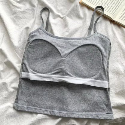 Women's Solid Color Spaghetti Straps Sleeveless Slim Camisole with Chest Pad Cotton Summer Wear Outside Female Short Tops Vests