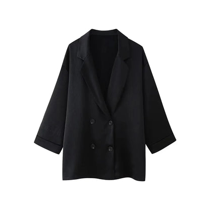 TRZA-Women's Double-Breasted Loose Blazer Coat and High Elastic Waist Wide Leg Pants, Female Two Piece Sets, Fashion