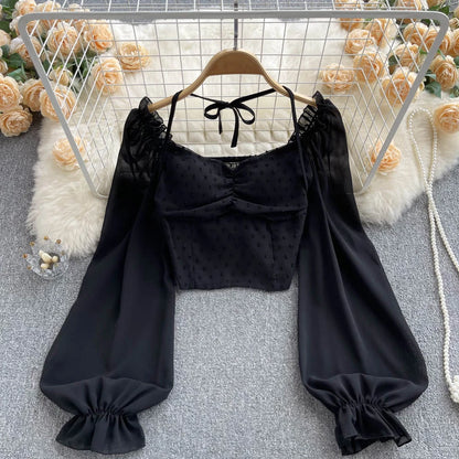 SINGREINY Polka Dot Folds Short Blouse Summer Slash Neck Long Sleeve Women Tie Halter Elastic Waist Fashion French Beach Top