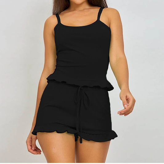 Summer Two-Piece Solid Color Sleepwear Round Neck Sexy Suspender Ribbed Knitted Pleated Vest Shorts Casual Women's Sleepwear Set