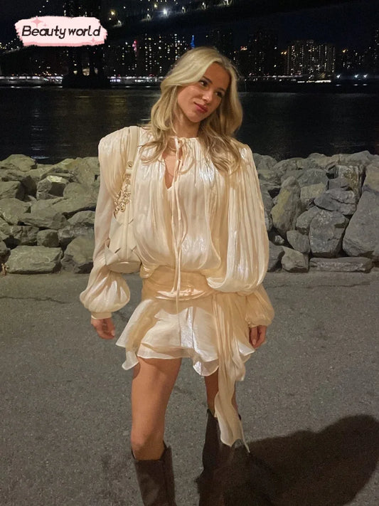 Elegant Ruffles Shiny Mini Dresses Fashion Solid Long Sleeve Lace Up V Neck Pleated Dress New Summer Party Women's Vestidos 2025